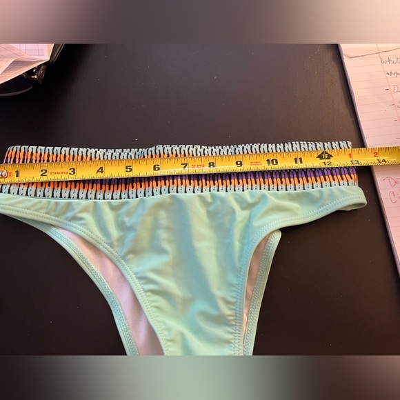 SWIMSUIT UNBRANDED MINT GREEN WITH MULTI COLORED HORIZONTAL COLORS AT WAIST MED - Picture 7 of 8